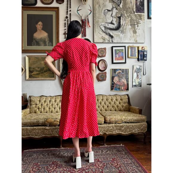 90s Vintage Red Polka Dot Dress by David Mitchell Size M/L - Picture 4 of 7